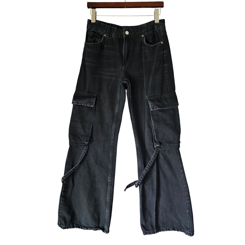 Zara Womens Washed Black High Rise Wide Leg Cargo Jeans with Straps Size 4